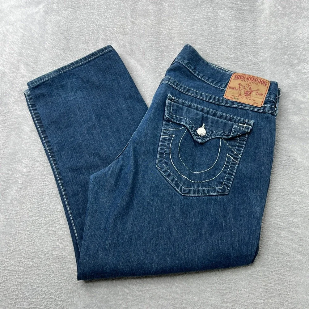 True Religion Ricky Big T Jeans 42 Straight Blue‎ Mens Y2K Contrast Stitch USA